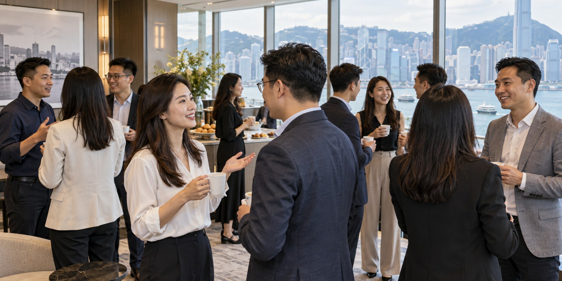 Illustration of business professionals speaking at a Hong Kong networking event